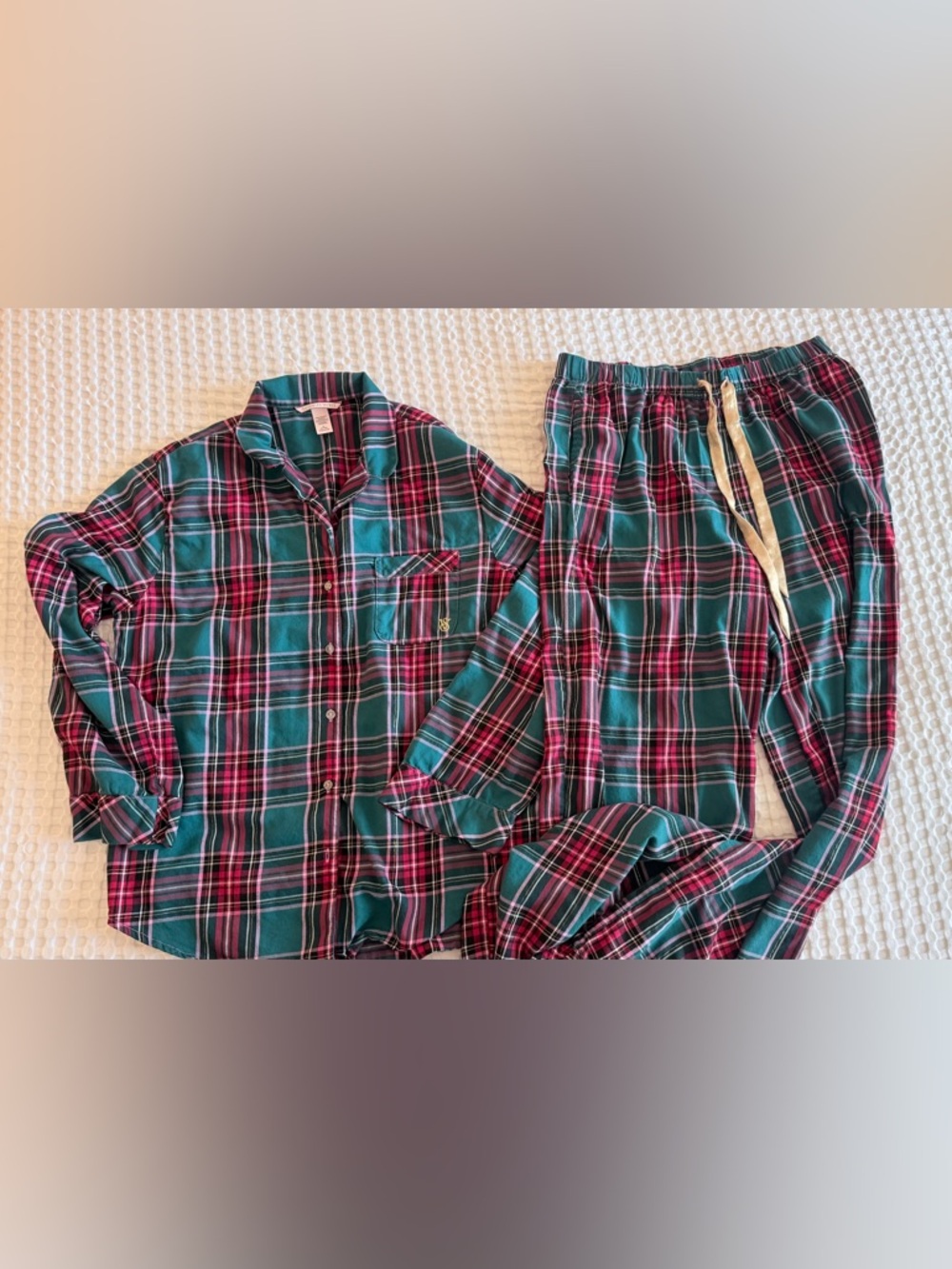 Victoria's Secret Teal and Pink Plaid Flannel Pajama Set
